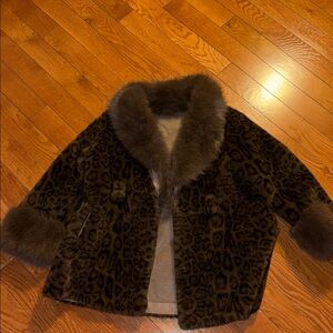 Leopard Print Faux Fur Coat with Brown Accents